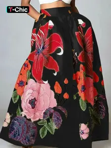 Women's Bohemian floral loose Elastic skirt with a large skirt - suitable for vacation gatherings - suitable for all seasons as bottoms
