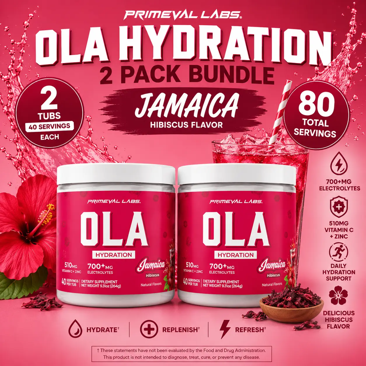 Primeval Labs OLA Hydration Jamaica – 2 Pack Bundle | 80 Servings | Jamaica Electrolyte Powder with Vitamin C + Zinc