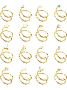 16 Pcs Golden Silvery Stylish Diversified Multi-design Unisex Twin Nose Ring Hoops Set for Women Men Durable Stainless Steel Wave Leaf Geometric Bead Angel Wing Totem Glitter Zirconia Woven Double Hoop Shapes for Cozy Harmless Single Piercing Use