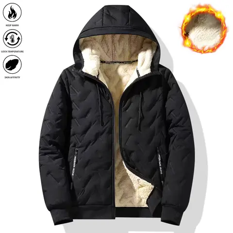 Men’s Fitted Fleece-Lined Hooded Jacket - Casual Solid-Color Zipper-Up Warm Coat for Autumn, Winter, Christmas New Arrival Gift Idea
