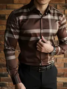 Men’s Brown Plaid Checked Dress Shirt | Slim Fit Long Sleeve Button Down | Business Casual, Office & Date Night Shirt