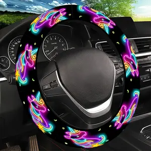 Neon Unicorn & Star Pattern Steering Wheel Cover, Vibrant Futuristic Style - Fit Car Interior Accessory, Durable Material, No Inner Ring, For All Seasons Automotive Accessories, Best Festive Gift Item For Friends and Family.11.25QWA-445