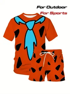 Cartoon Dinosaur Theme Unisex Casual Sports Set, Outdoor Short Sleeve Shorts Two-Piece, Breathable Comfort, Fashion Trendy