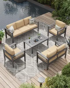 【3 packages arrived at different times】Aluminum Patio Furniture Set, 7 Seats Modern Outdoor Furniture with Coffee Table, 5 Pieces Metal Conversation Sectional Sofa