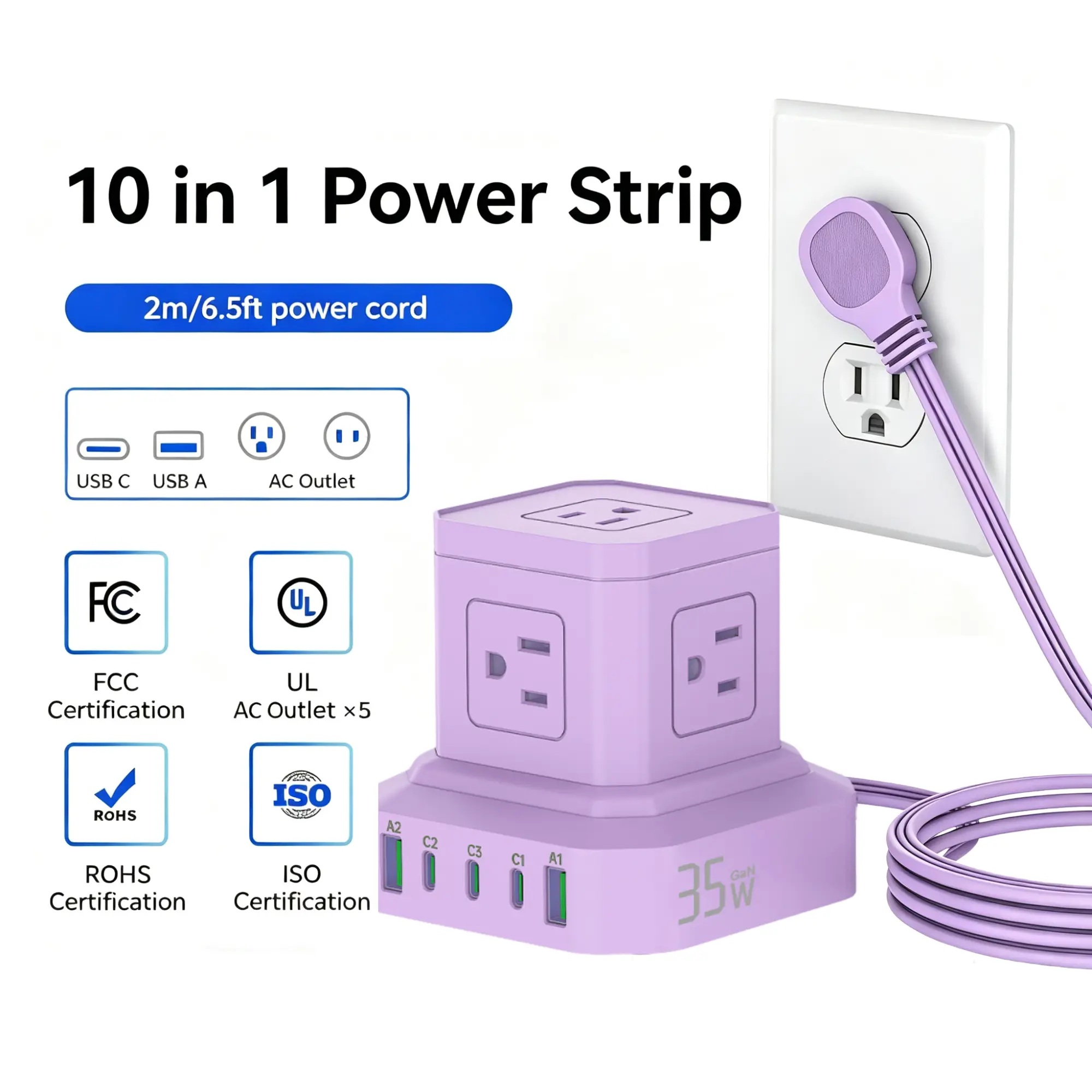 10 in 1 Tower Power Strip, Flat Plug 700J Surge Protector with 5 AC Outlets 5 USB Ports (3 USB C), 35W GaN Fast Charging Outlet w/6.5FT(2m) Cord for Home Office Dorm Room Protection Device