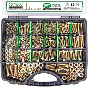 FOLIV 907pcs Grade 8.8 Metric Bolt Assortment, M4 M5 M6 M8 Heavy Duty Bolts and Nuts Kit, Yellow Zinc Plated, Length from 12-30mm