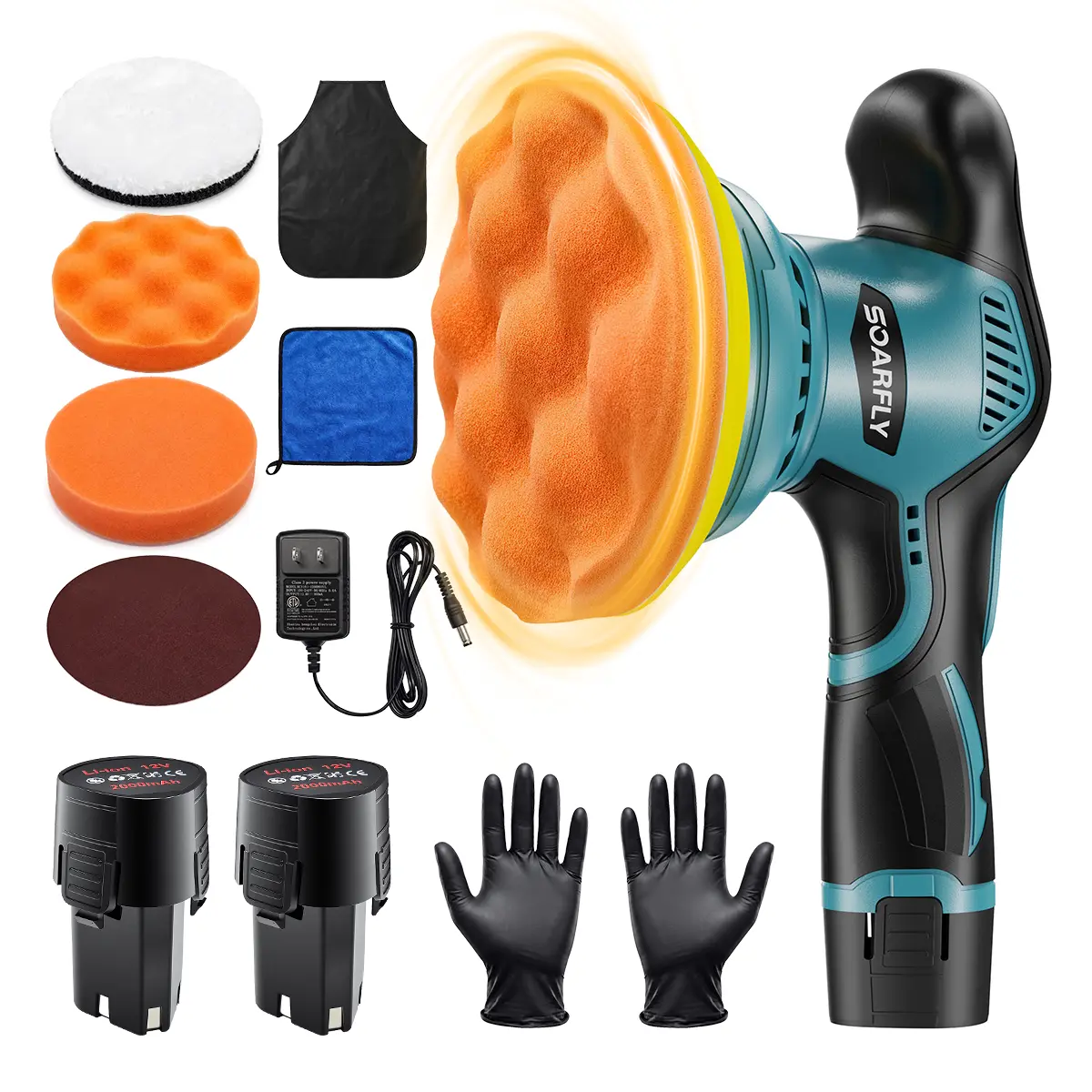 Soarfly Cordless Car Polisher Kit, 12V (2 Batteries), 8 Speeds (2800–5500 RPM) for Car Detailing, Waxing