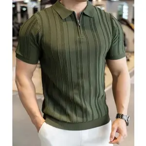 Raw Street Wear Summer Men's Striped Jacquard Knit Polo Shirt Vintage American Zipper Knitted Short Sleeve T-shirt Men Solid Color Elastic Top