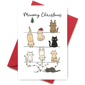 1pc Funny "Meowy Christmas" Greeting Card, Paper Material with Envelope, Playful Design of Cats on String Lights with Santa Hats & Antlers, Holiday Cheer for Cat Owners, Sons, Daughters, Family