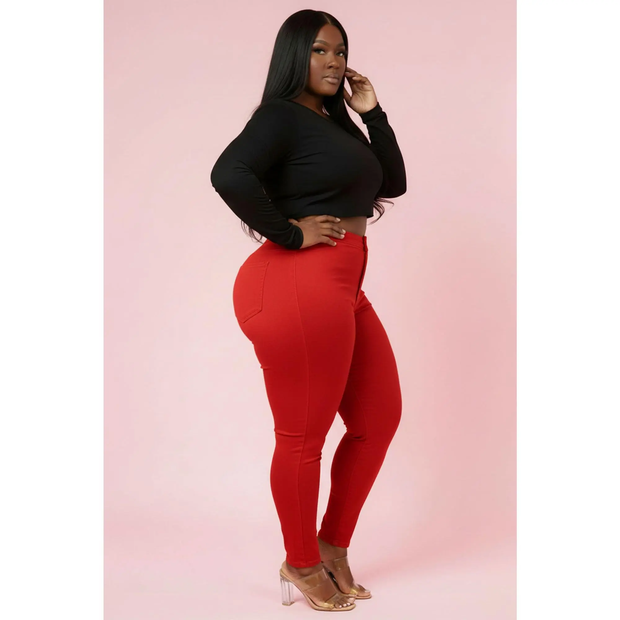 Super Swank High Waist Stretchy Jeans - Red