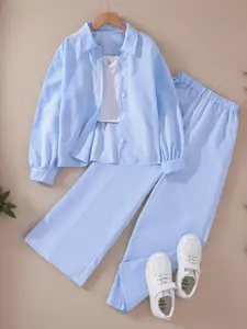 Two-Piece Set Girl's Striped Print Button Front Shirt & Pants Set, Elegant Casual Collared Top & Trousers for Daily Outdoor Wear, Kids Clothes for Spring, Striped Sets, Fashion Style Sets, Matching Outfit Set