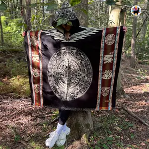 Indian Creations Aztec Calendar Alpaca Wool Poncho Handmade in Ecuadorian Andes Unisex Winter Hoodie Sweatshirts for Women & Men