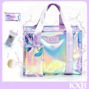 KXB Women's Jelly Iridescent Waterproof Tote Beach Bag, Swimming Pool Tote Bag with Makeup Bag, DIY Board and Waterproof Phone Pouch, Summer Essential, Perfect for Easter Basket, Music Festival, Concert, Beach, Daily Commute and Vacation tiktokshopspringg