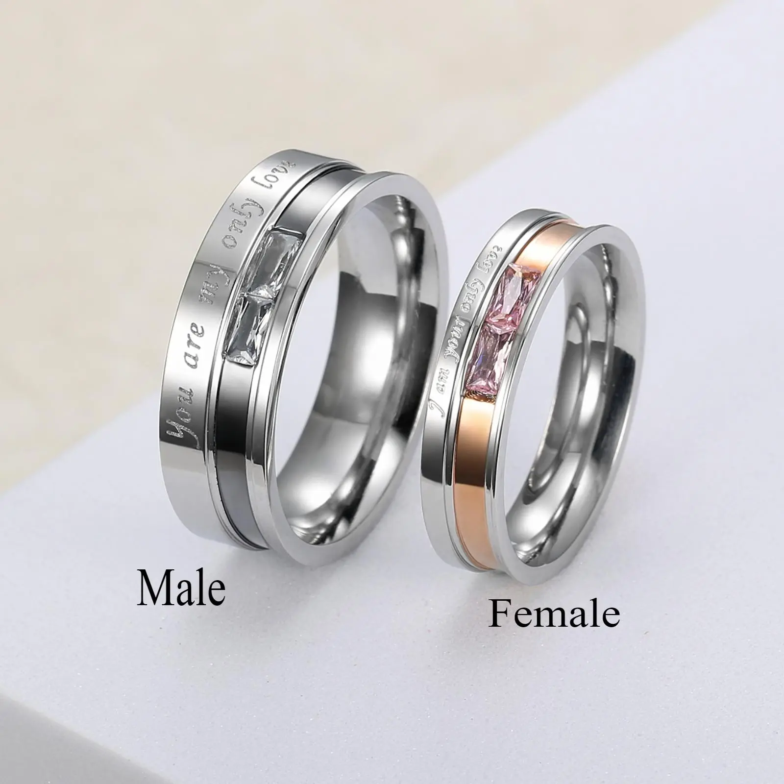 Modern Stainless Steel Couple Rings, Elegant Geometric Promise Jewelry with Zircon for Him and Her, Personalized Anniversary Wedding Gift, Romantic Rings, Band Set Rings
