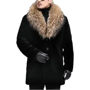 Men Long Faux Fur Coat Fluffy Fur Collar Luxury Outerwear Winter Thicken Warm Overcoat Soft Jacket