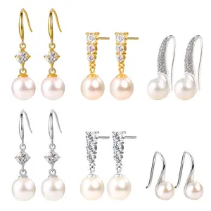 Handpicked Freshwater Cultured Pearl Earrings Dangle Stud Pearl Earrings Bridal Drop Earrings with Cubic Zirconia Crystals for Brides, Bridesmaids, Mothers of the Bride, and Everyday Wear
