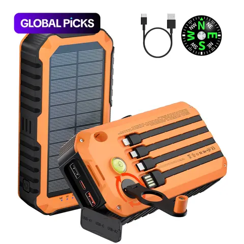 20000mAh Solar Powered Hand-crank Portable Power Bank, 1 Count 4 Cables, Type-C Input/Output, with Compass Function, SCP22.5W+PD20W Fast Charging, Bright Flashlight #GLOBAL PICKS