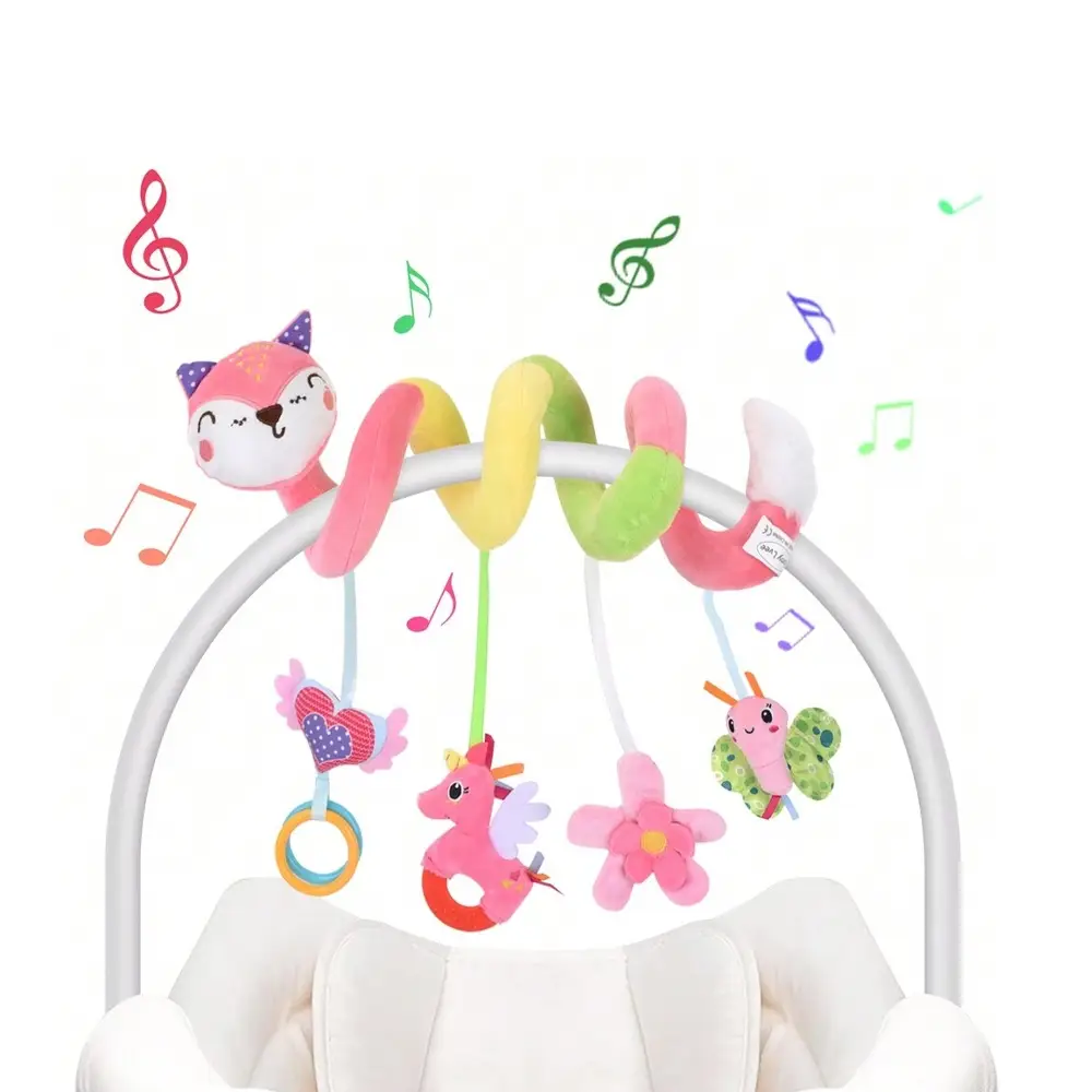 Car Seat Toys Infant Baby Pink Fox Spiral Activity Plush Hanging Rattle Toys Stroller Sensory Toy For Newborn Birthday Gift