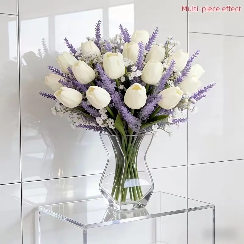 Artificial tulips, lavender, and baby's breath combination, suitable for decorating the living room, dining table, windowsill, and bedroom, for Valentine's Day, Thanksgiving, Father's Day, Hanukkah, Mother's Day, and graduation season.