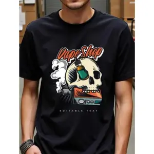 Men's Vape Shop Graphic T-Shirt - Street Style Skull and E-Cigarette Design - Soft Breathable Cotton Top - Size - Essential for Daily Casual Street Wear