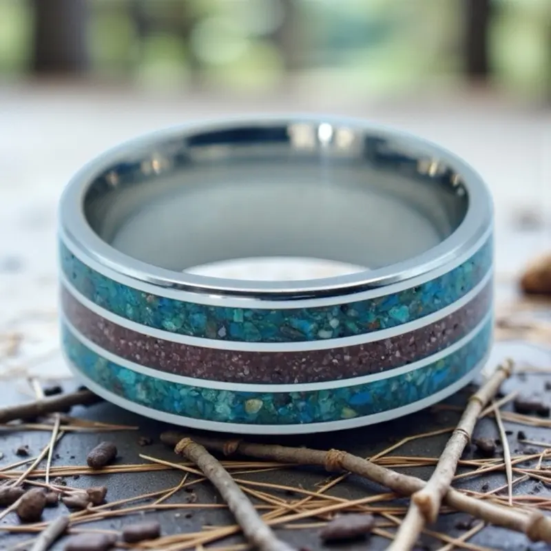 Venus Rings Chrysocolla & Cinnabar Inlay Ring Men's Women's Tungsten Band with Natural Stone Crushed Inlay Durable Scratch Resistant