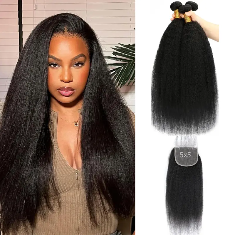 VIPbeauty Kinky Straight Bundles with Closure Yaki Kinky Straight Human Hair 3 Bundles with 5x5 Lace Closure Unprocessed Brazilian Virgin Human Hair Weave Extensions Natural Color