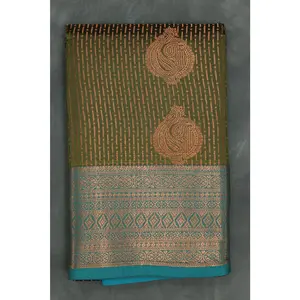 Bridal Kubera Pattu Saree Mehendi Green with Teal Blue Zari Border - Full Body Zari Work