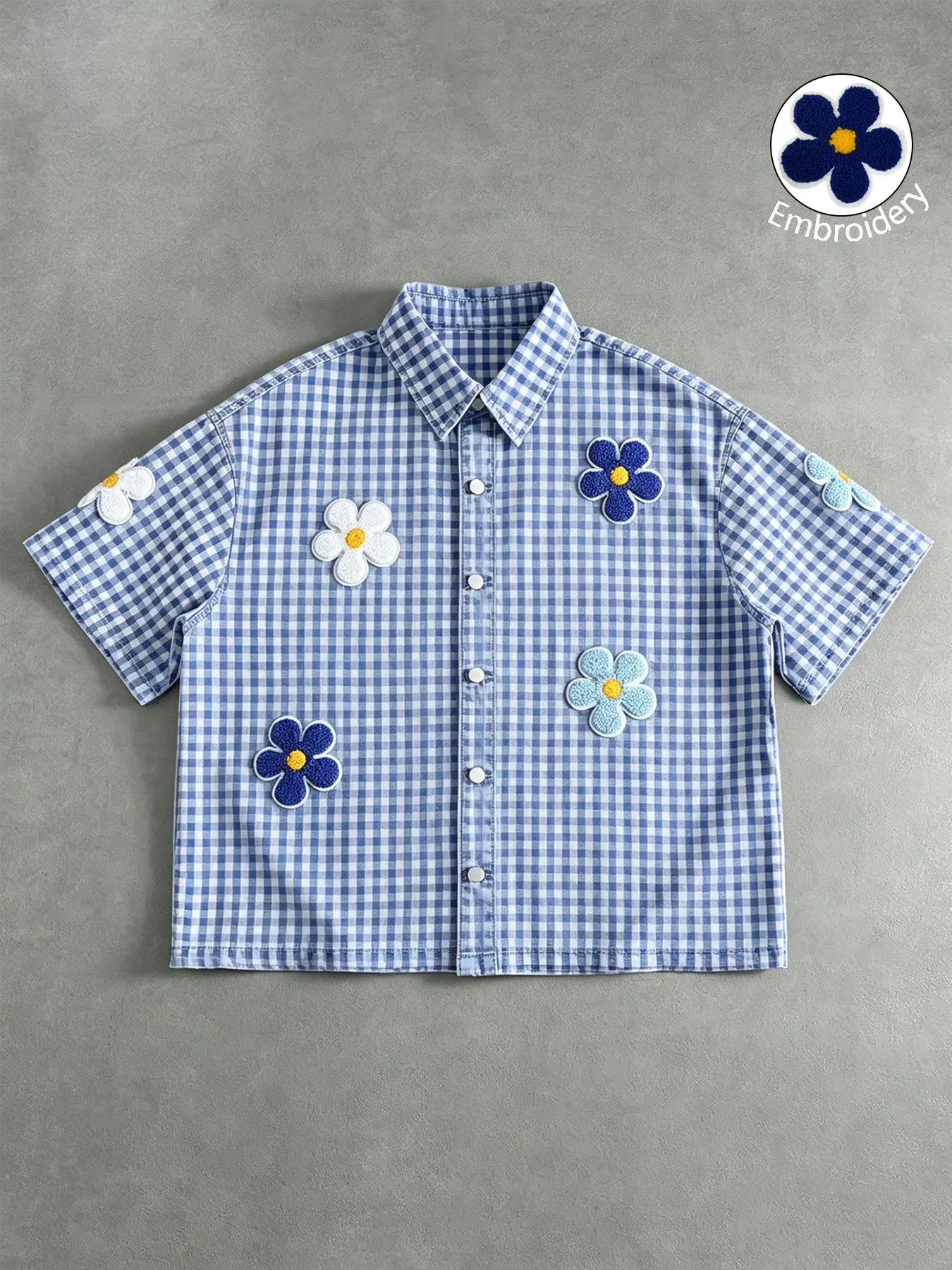 Unisex Embroidered Floral Chenille Gingham Plaid Short Sleeve Graphic Shirt | Y2K Cute Preppy Casual Cropped Button Down Top Embroidery