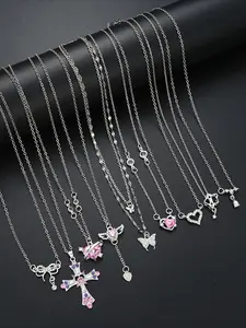 Women's Y2K Rhinestone Bow Cross Heart Star Pendant Necklace Set, Zinc Alloy Party Jewelry for Women, All-Seasons Fashion Accessory, Heart Design Necklace