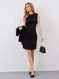 M.Infisavo Women's Sleeveless Ruched Bodycon Ruffle Mermaid Cocktail Wedding Party Dress in Lightweight Fabric with Asymmetrical Neckline & Left Side Shoulder Pleated Design Elegant Formal