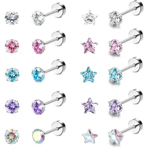 10 Pairs 18G Stainless Steel Flat Back Stud Earrings Set | Nap-Safe Screw Back Cartilage Piercing Jewelry | Colorful Round & Star AAA+ CZ Studs for Sensitive Ears | Mix & Match Ear Stack Pack