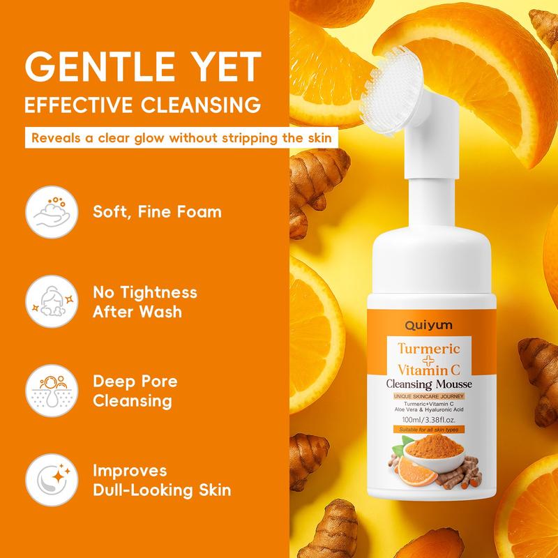 Quiyum Turmeric Vitamin C Cleansing Mousse with Massage Cleansing Brush, 1/2 pcs, Gentle Face Wash for Brightening Skin, Hydrating & Nourishing Formula