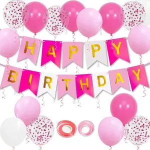 Pink Birthday Decorations, Happy Birthday Banner, 16 pcs 12 inch Balloons with 2 Ribbons for Girl and Women Party Decoration