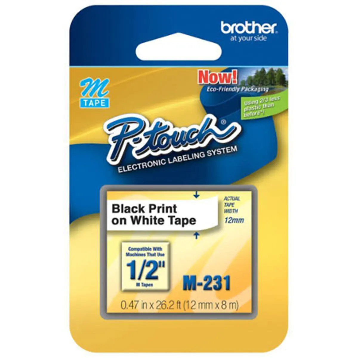 Brother M231 12mm (0.47") Black on White Non-Laminated Tape for P-Touch Labelers, 8m (26.2') Length
