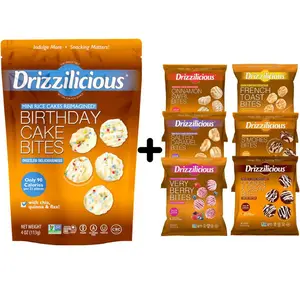 Mini Sized – 0.74 oz Bags – Drizzilicious Cookies & Cream, S’mores, Cinnamon Swirl, Salted Caramel, Birthday Cake & French Toast Bites + Single 4 oz Birthday Cake Bag – 6-Pack Snack-Size Single-Serve Rice Crisps, Healthy Gluten-Free Vegan Treats
