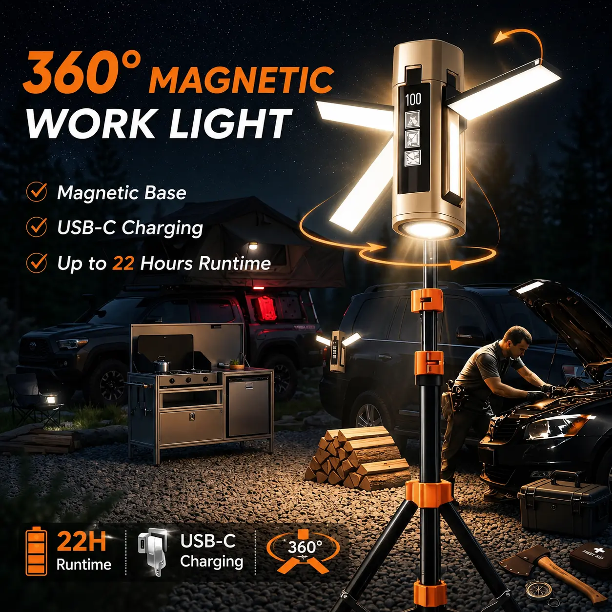 Essential camping light for summer，Telescopic outdoor camping light, retractable magnetic work light, rechargeable foldable LED inspection light (7 lighting modes), suitable for auto repair, hiking, camping, fishing and emergency scenarios