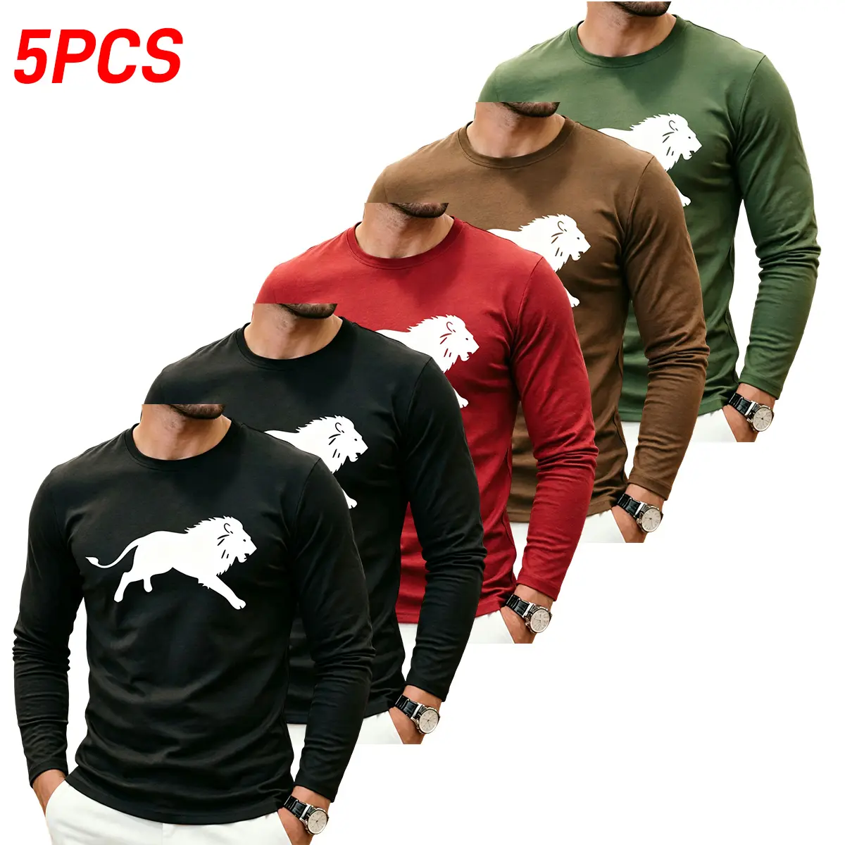 Vacation essential 5-pack men’s long-sleeve polyester shirts, compact and foldable, ideal for travel luggage.Classic lion silhouette print, available in a variety of neutral and vibrant colors, perfect for beach trips and camping adventures.
