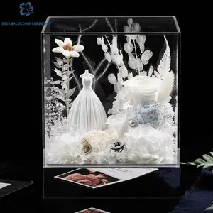 Miniature Preserved Eternal Rose & Wedding Dress Acrylic Gift Box, Romantic Flower Confession Keepsake, Unisex Wedding Gift for Home & Festive Party Supplies