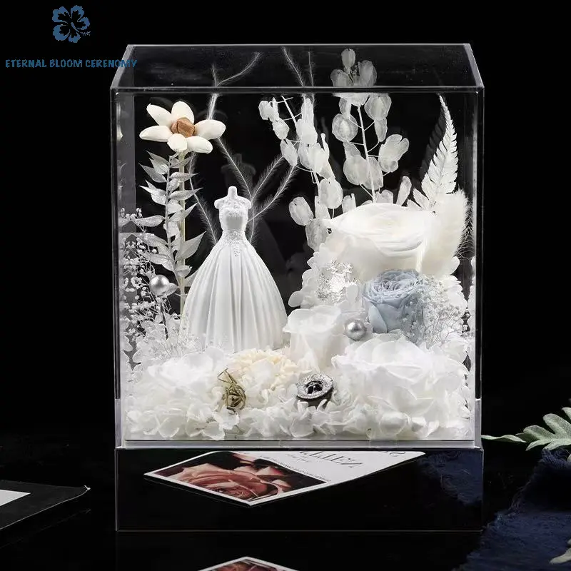 Preserved Miniature Flower & Wedding Dress Acrylic Gift Box, Romantic Confession Adult Desk/Home Decor, Festive Party Supply Romantic Gift Keepsake