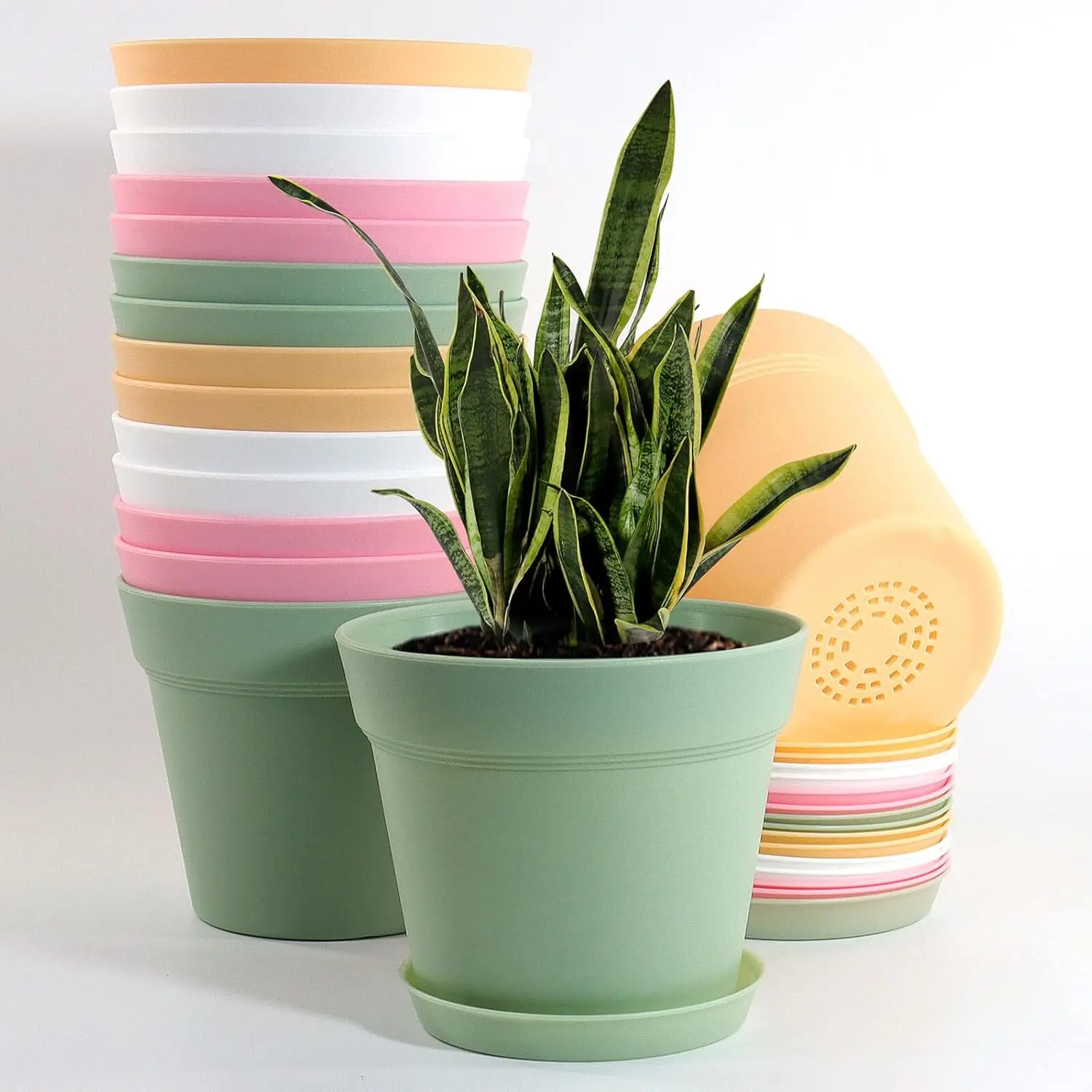 16 Pack 6 inch Plastic Planters, Indoor Flower Pots, Heavy Duty and Stylish 6 Inch  Pots for Indoor  with Drainage Holes and Tray for , , Colorful