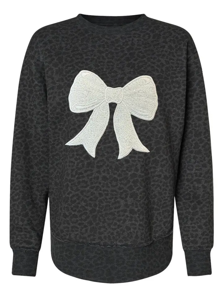 LAT Women's Weekend Fleece Crewneck Sweatshirt with White Sequin Bow Detail