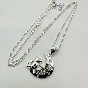 925 Sterling Silver Moon & Teddy Bear Pendant with 16” + 2” Adjustable Chain  Cute & Shiny!