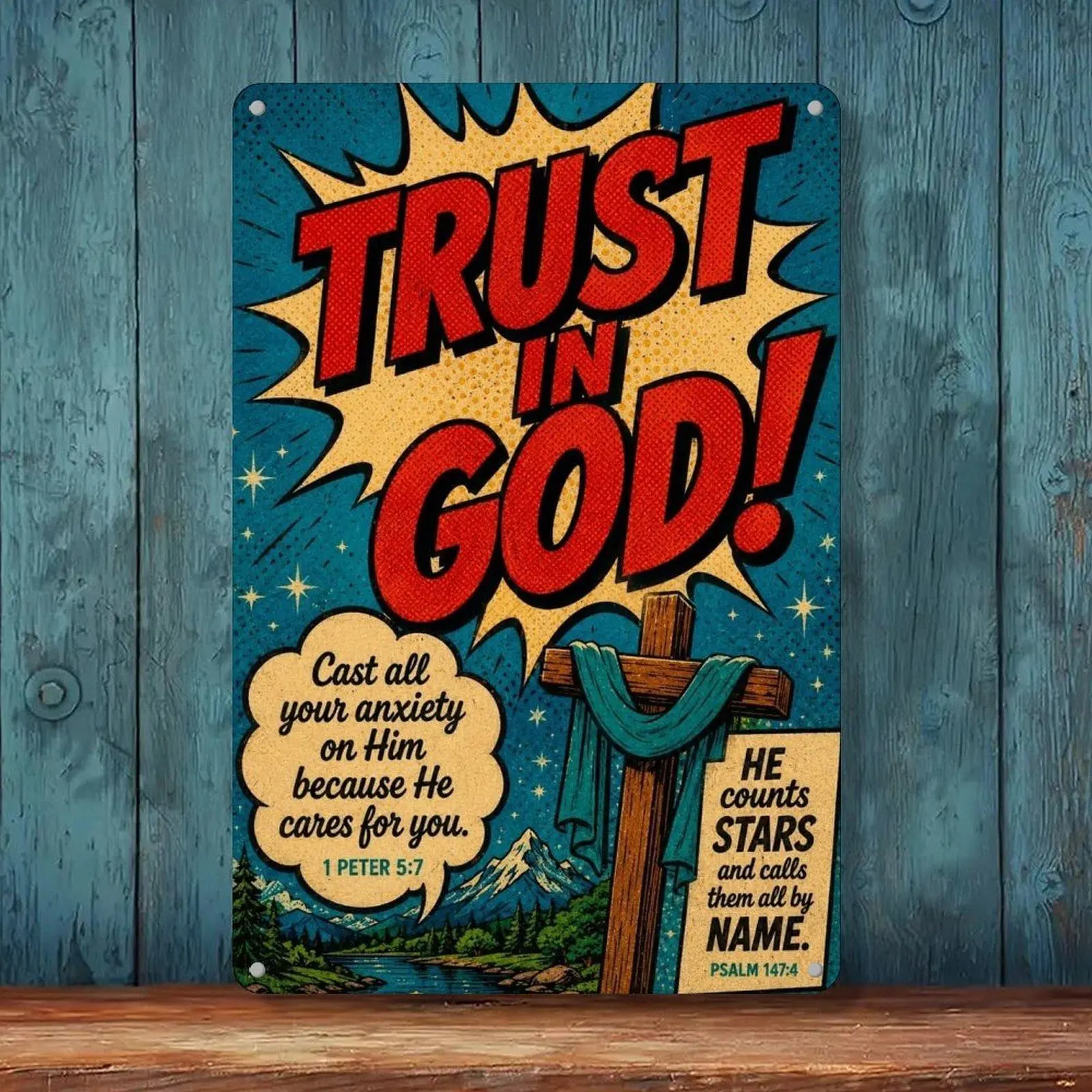 Trust In God Vintage Comic Style Cross Mountain Bible Verse Retro Tin Sign 8x12in Faith Study Room Wall Decor Metal Tin Sign