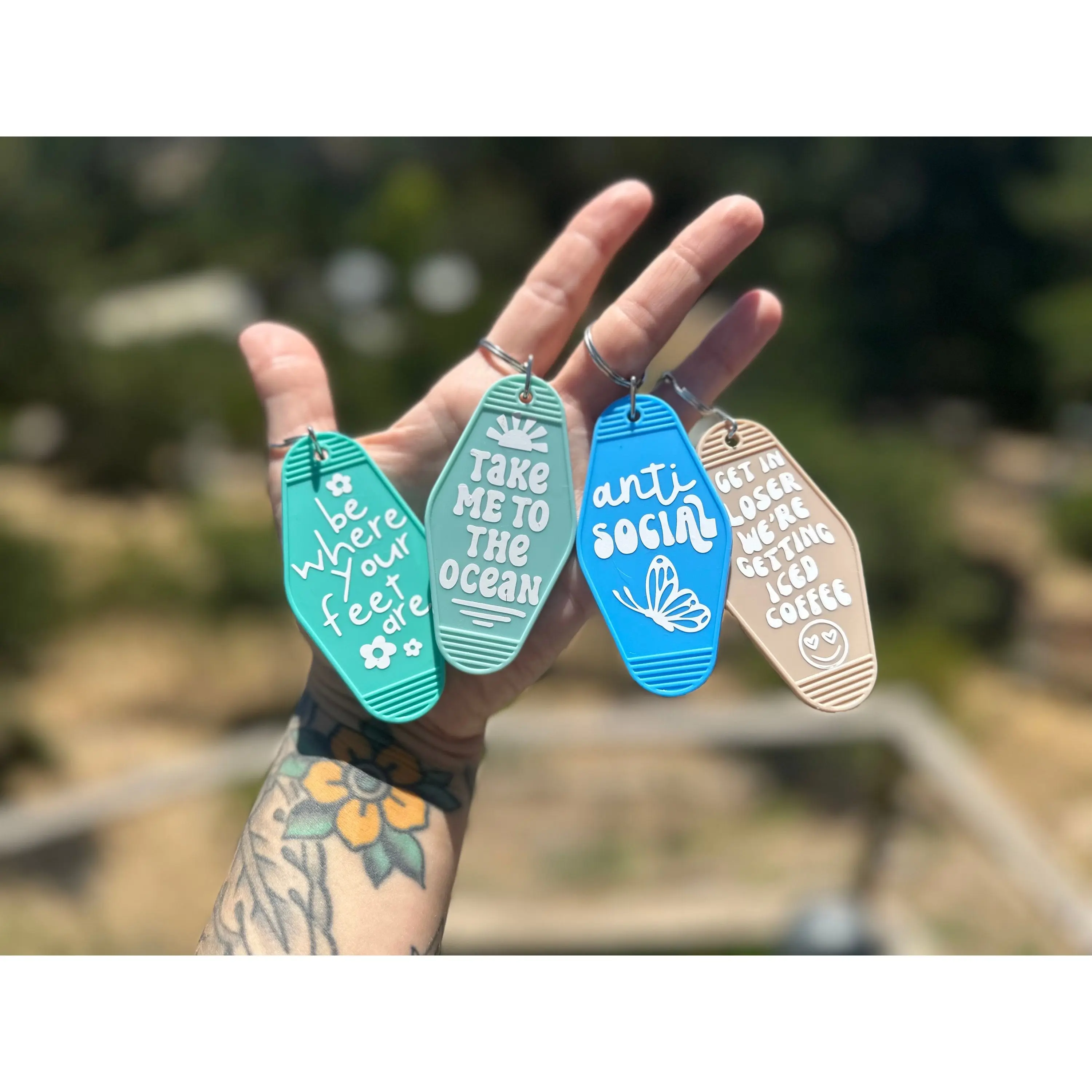 Retro Handmade Motel Keychains, Anti Social Butterfly, Take Me to The Ocean, Be Where Your Feet Are, Get in Loser We're Getting Iced Coffee