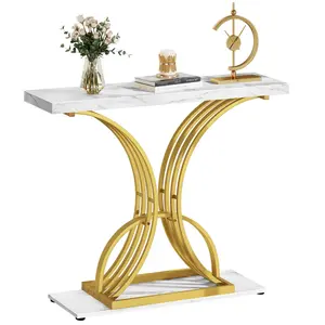 Modern Gold Console Table 39" Entryway Table with White Faux Marble Living Room