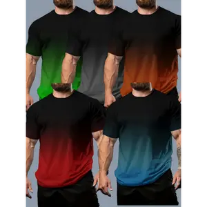 5-Pack Men's Plus Size Gradient Color Short Sleeve Crew Neck T-Shirt, Casual Comfortable T-Shirt, Fashion Versatile Top Streetwear Crew Neck