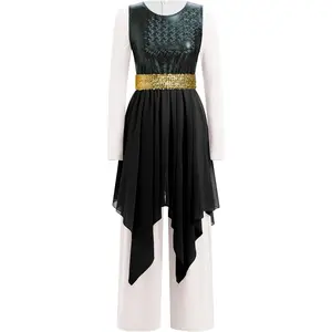 Women Metallic Asymmetric Overlay + Jumpsuit Pants + Belt Worship Liturgical Dancewear Costume