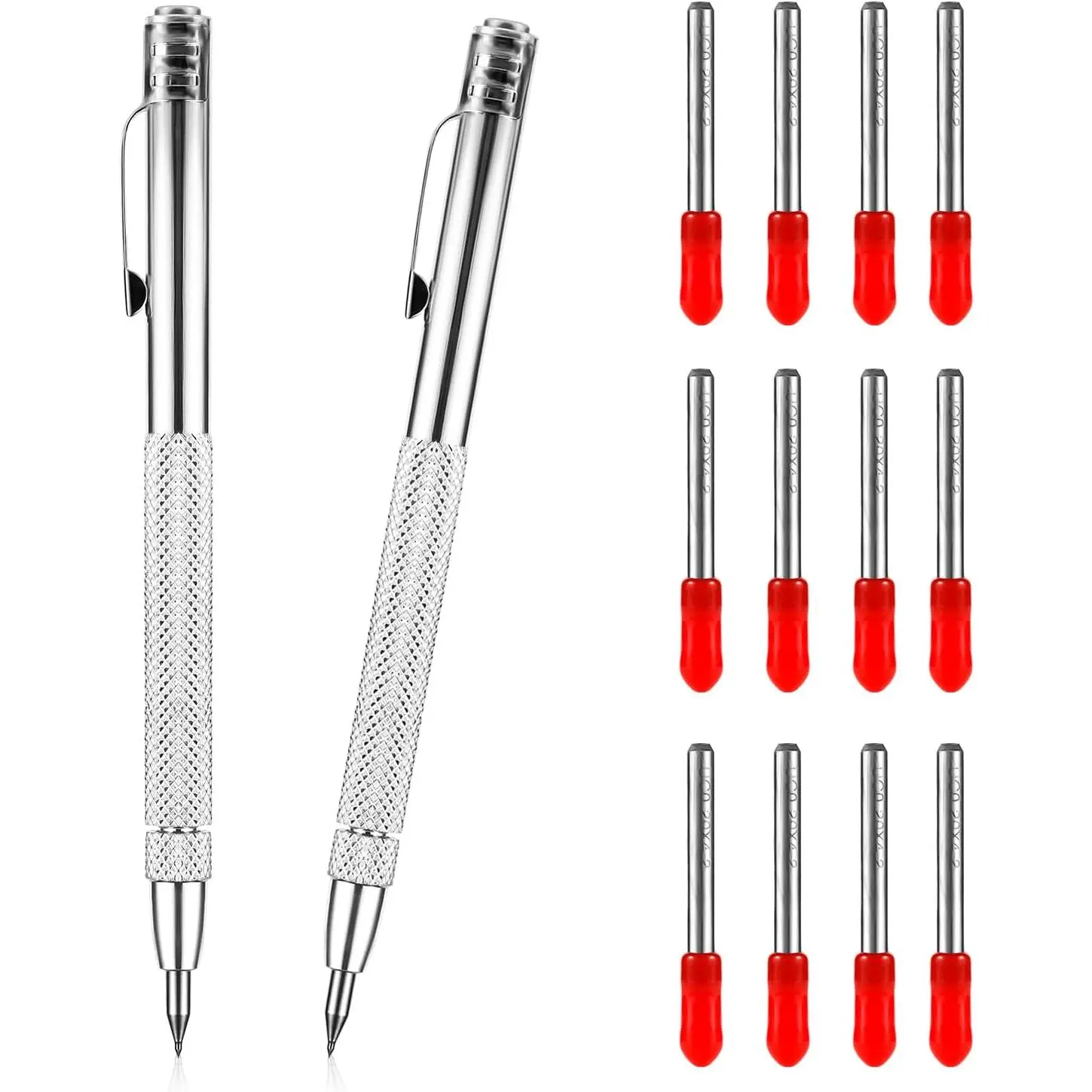 2-Piece Aluminum-Tungsten Carbide Metal Scribe Tool Set, Magnetic Scribe Pen with 12 Replacement Red Hat Marking Tips for Glass, Metal Sheet Work