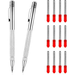 2pcs Tungsten Carbide Scriber, Carbide Scriber Pen with Magnet Scribe Tool with Extra 12 Replacement Red Hat Marking Tip for Glass/Metal Sheet