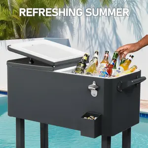 80 Quart Rolling Ice Chest, Portable Bar Drink Cooler with Catch Basin, Bottom Storage Tray and Bottle Opener for Patio Party BBQ Beach Activities beverage pool